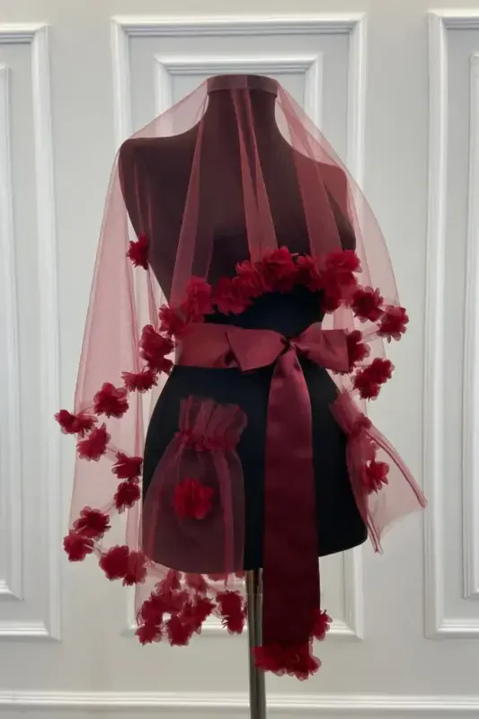 Burgundy Three Dimensional Bridal Veil Set-Burgundy - 3