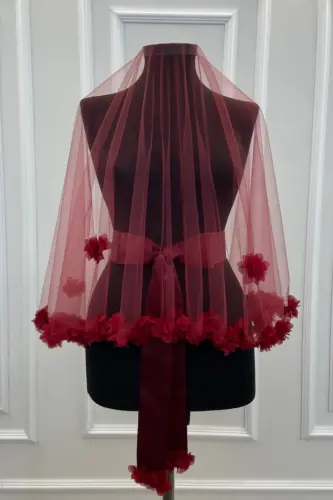 Burgundy Three Dimensional Bridal Veil Set-Burgundy 