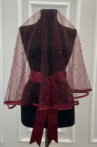 Burgundy Tulle Bridal Veil Set with Pearls - Burgundy Tulle and Pearls - 1