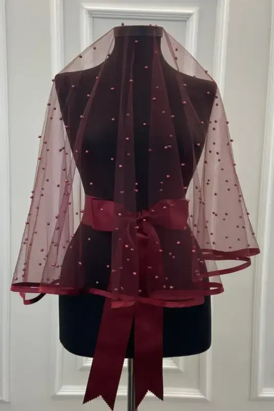 Burgundy Tulle Bridal Veil Set with Pearls - Burgundy Tulle and Pearls - ZEYMERADE