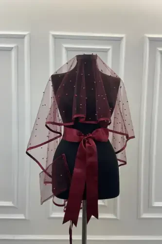 Burgundy Tulle Bridal Veil Set with Pearls - Burgundy Tulle and Pearls - ZEYMERADE (1)