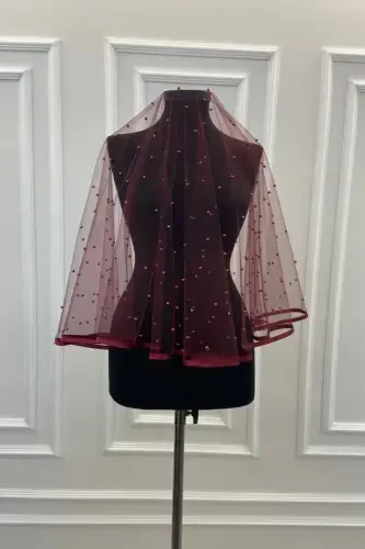 Burgundy Tulle Bridal Veil Set with Pearls - Burgundy Tulle and Pearls - 3