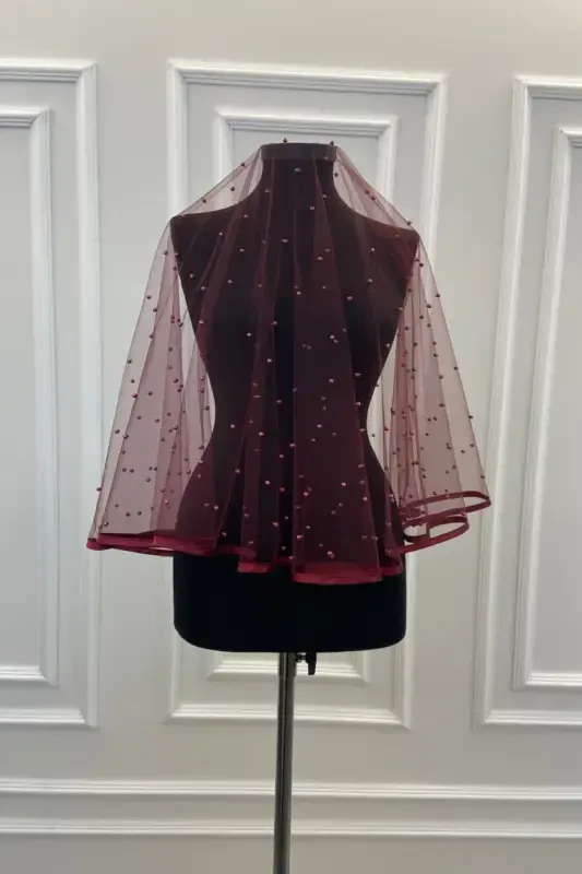 Burgundy Tulle Bridal Veil Set with Pearls - Burgundy Tulle and Pearls - 3