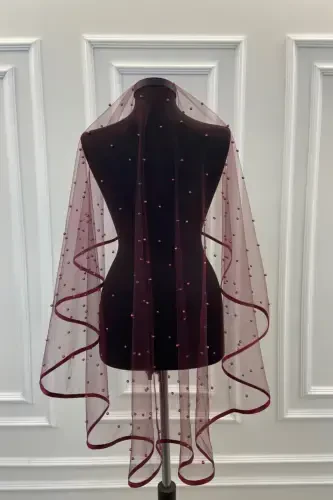 Burgundy Tulle Bridal Veil Set with Pearls - Burgundy Tulle and Pearls - 4