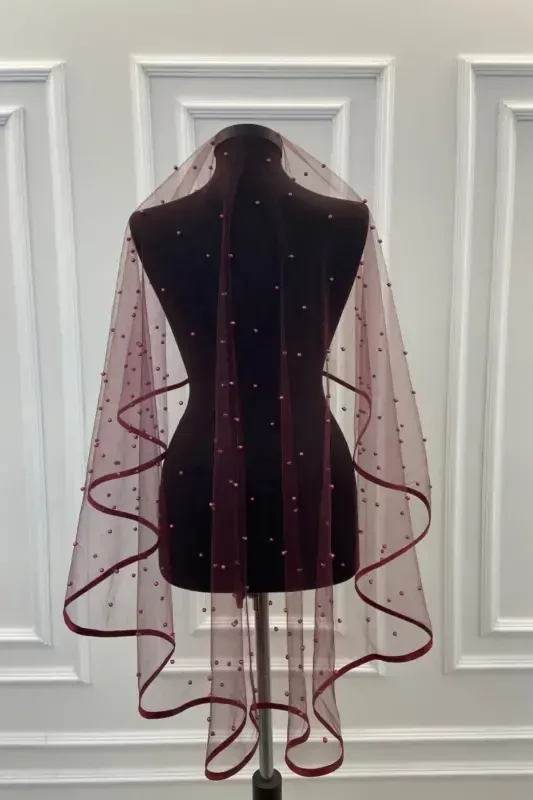 Burgundy Tulle Bridal Veil Set with Pearls - Burgundy Tulle and Pearls - 4