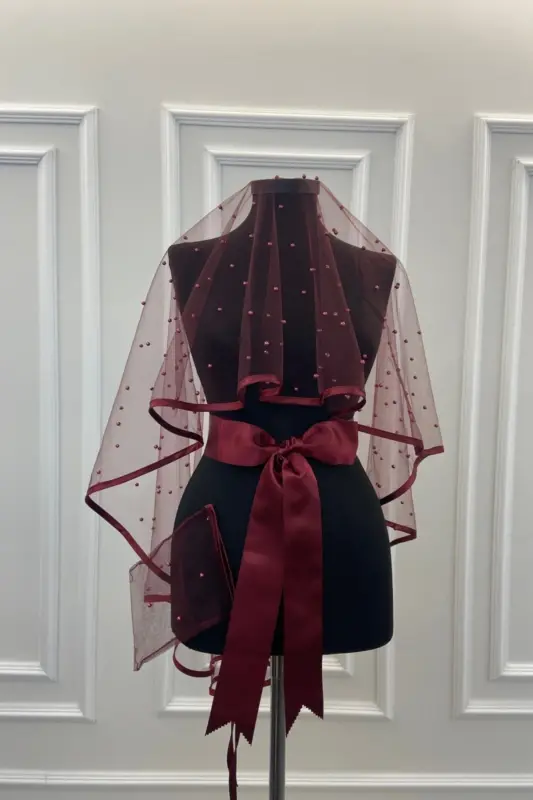Burgundy Tulle Bridal Veil Set with Pearls - Burgundy Tulle and Pearls - 2