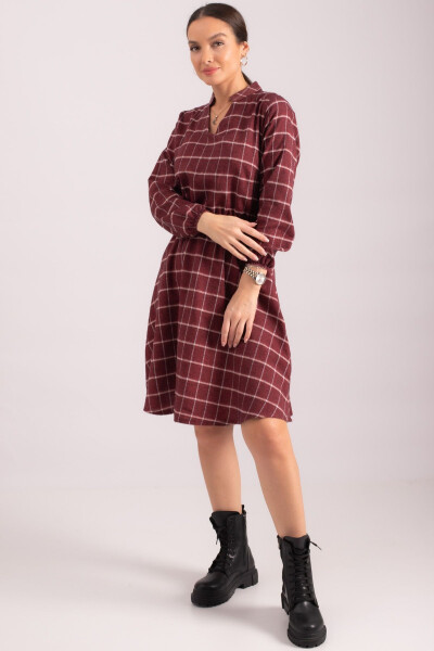 Burgundy V-neck, elastic waist, plaid pattern, flared dress. ARM-24K001041 - 4