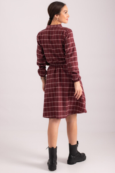 Burgundy V-neck, elastic waist, plaid pattern, flared dress. ARM-24K001041 - 5