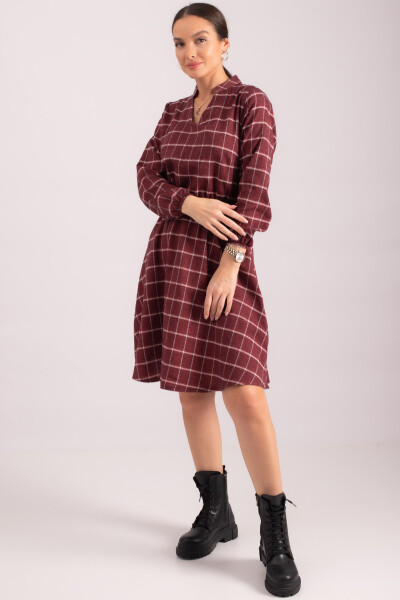 Burgundy V-neck, elastic waist, plaid pattern, flared dress. ARM-24K001041 - 9