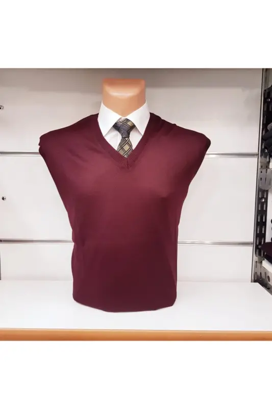 Burgundy V-Neck Men's Sweater - Burgundy - ÇUKUROVA TRİKO