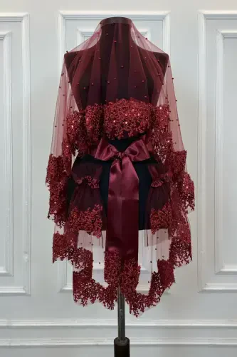 Burgundy VIP Bridal Veil Set, Daisy Guipure Beaded Sequined Pearl Henna Veil Set 6 Pieces-Burgundy - 1