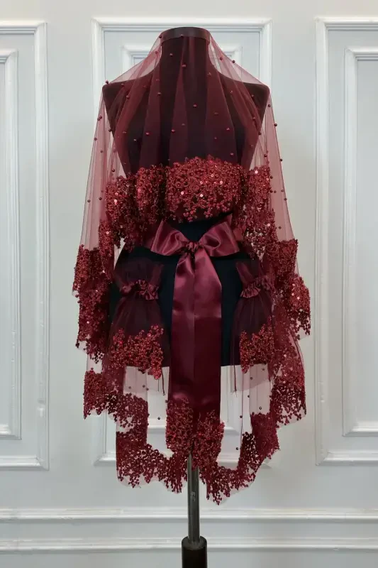 Burgundy VIP Bridal Veil Set, Daisy Guipure Beaded Sequined Pearl Henna Veil Set 6 Pieces-Burgundy - 1