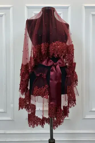 Burgundy VIP Bridal Veil Set, Daisy Guipure Beaded Sequined Pearl Henna Veil Set 6 Pieces-Burgundy - ZEYMERADE (1)