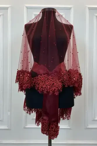 Burgundy VIP Bridal Veil Set, Daisy Guipure Beaded Sequined Pearl Henna Veil Set 6 Pieces-Burgundy - 3