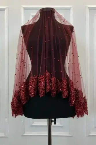 Burgundy VIP Bridal Veil Set, Daisy Guipure Beaded Sequined Pearl Henna Veil Set 6 Pieces-Burgundy - 4