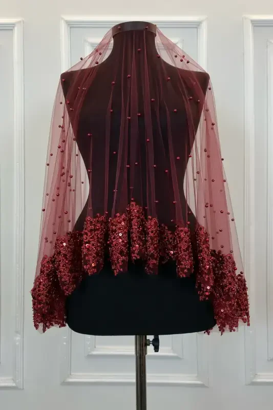 Burgundy VIP Bridal Veil Set, Daisy Guipure Beaded Sequined Pearl Henna Veil Set 6 Pieces-Burgundy - 4