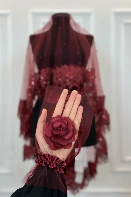 Burgundy VIP Bridal Veil Set, Daisy Guipure Beaded Sequined Pearl Henna Veil Set 6 Pieces-Burgundy - 5