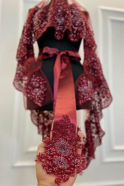 Burgundy VIP Deluxe Bridal Henna Veil Set - 3