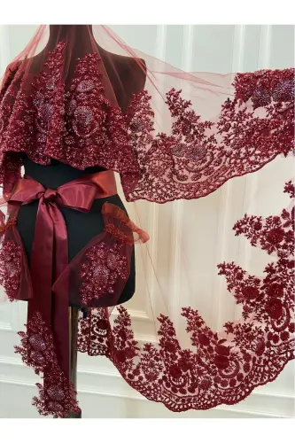 Burgundy VIP Deluxe Bridal Henna Veil Set 