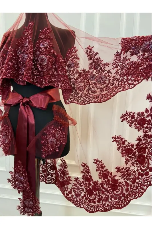 Burgundy VIP Deluxe Bridal Henna Veil Set - 1