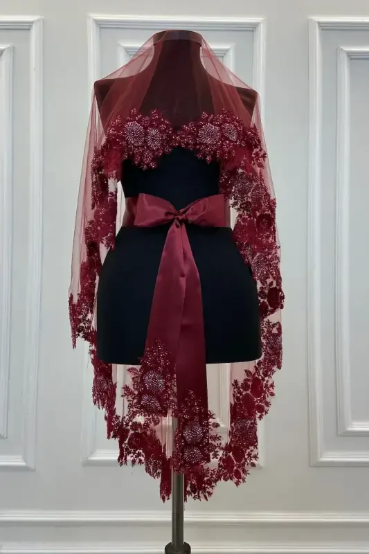 Burgundy VIP Deluxe Bride Henna Veil Set-Burgundy - ZEYMERADE