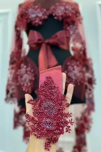 Burgundy VIP Deluxe Bride Henna Veil Set-Burgundy - 2