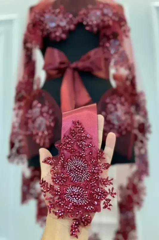 Burgundy VIP Deluxe Bride Henna Veil Set-Burgundy - 2