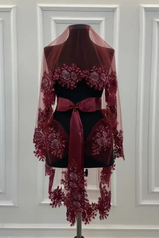 Burgundy VIP Deluxe Bride Henna Veil Set-Burgundy - 4