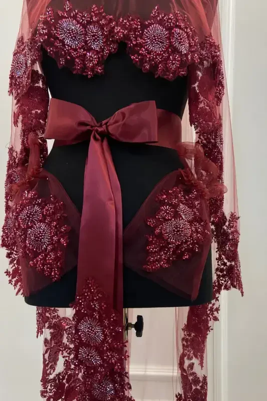 Burgundy VIP Deluxe Bride Henna Veil Set-Burgundy - 5