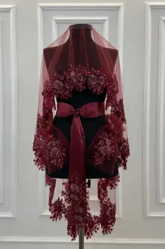 Burgundy VIP Deluxe Bride Henna Veil Set-Burgundy - 6