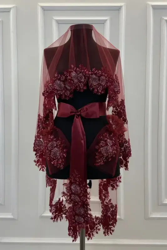 Burgundy VIP Deluxe Bride Henna Veil Set-Burgundy - 6