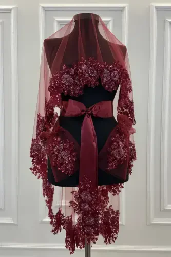 Burgundy VIP Deluxe Bride Henna Veil Set-Burgundy - 7