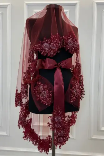 Burgundy VIP Deluxe Bride Henna Veil Set-Burgundy - 3
