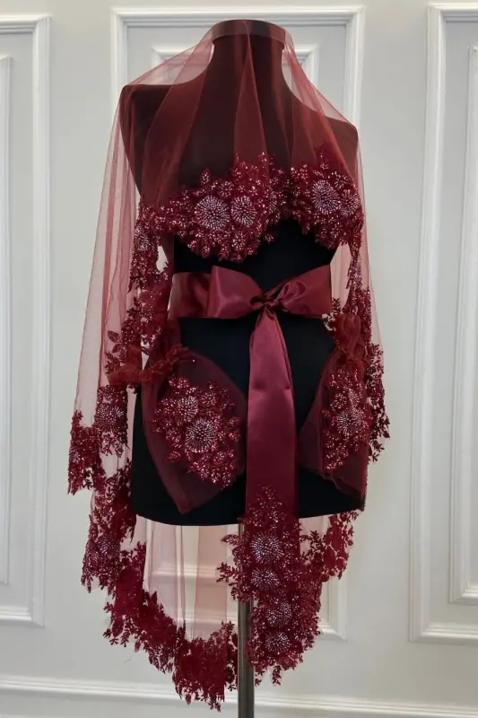 Burgundy VIP Deluxe Bride Henna Veil Set-Burgundy - 3