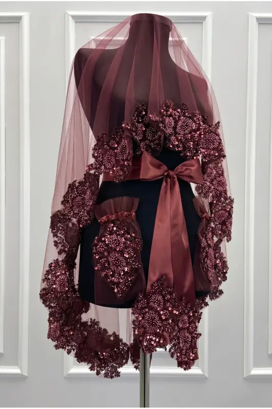 Burgundy VIP Deluxe Bride Henna Veil Set-Burgundy - 1