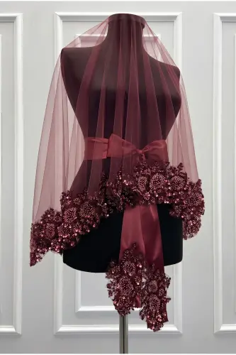 Burgundy VIP Deluxe Bride Henna Veil Set-Burgundy - 3