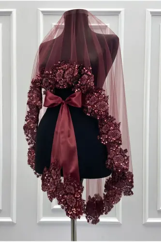 Burgundy VIP Deluxe Bride Henna Veil Set-Burgundy - 4