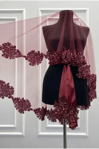 Burgundy VIP Deluxe Bride Henna Veil Set-Burgundy - 5