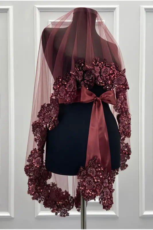 Burgundy VIP Deluxe Bride Henna Veil Set-Burgundy - 6