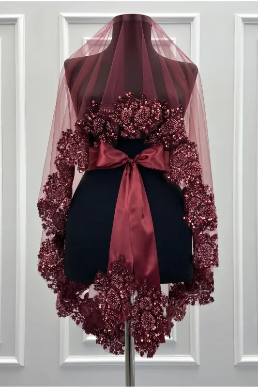 Burgundy VIP Deluxe Bride Henna Veil Set-Burgundy - 7