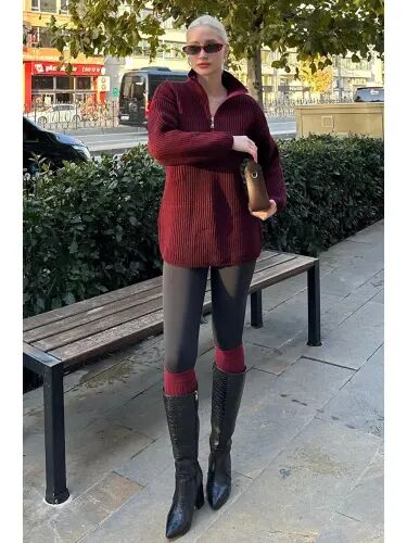 Burgundy Zipper Collar Basic Sweater Mg1960-Burgundy - 6