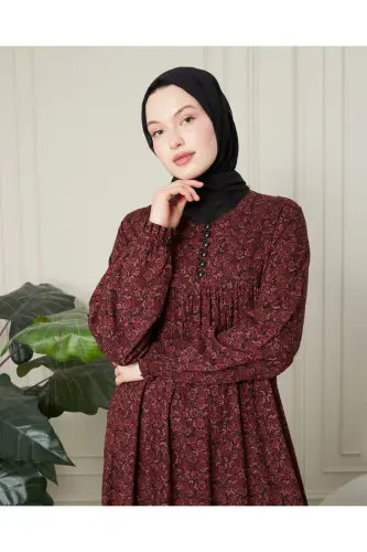 Burishak Robadan Oldi Tugmali Viskon Mato Tessetur Kiyim Ona Ko'ylagi Namoz Ko'ylagi - Bordo Qalin Shol Nafis Naqsh - 6