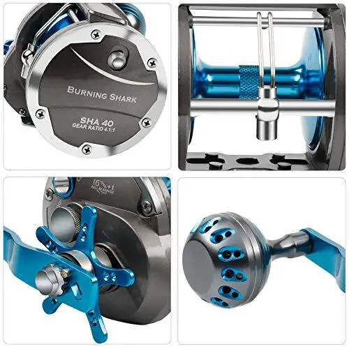 Burning Shark Trolling Reel Saltwater Level Wind Reels, Drag Reels Boat Fishing Ocean Fishing for Sea Bass Grouper Salmon - 3