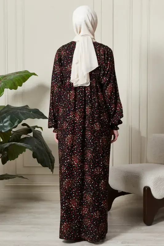 Бурнусовое платье с оборками, вискозная ткань, скромная одежда, платье для мамы, молитвенное платье - цветочный узор, черный - 7
