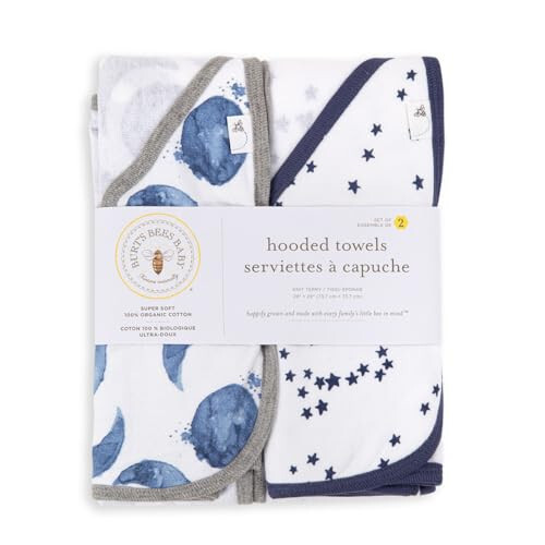 Burts Bees Baby Infant Hooded Towels Hello Moon! Organic Cotton, Unisex Bath Essentials and Newborn Necessities, Soft Nursery Towel with Hood Set, 2-Pack Size 29 x 29 Inch - 39