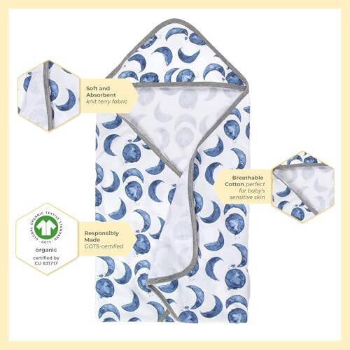 Burts Bees Baby Infant Hooded Towels Hello Moon! Organic Cotton, Unisex Bath Essentials and Newborn Necessities, Soft Nursery Towel with Hood Set, 2-Pack Size 29 x 29 Inch - 4