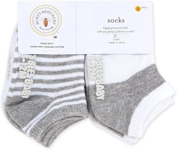 Burt's Bees Baby Unisex Baby Socks Ankle or Crew Height Made with Soft Organic Cotton, 6 Packs with Non-Slip Grips for Babies - 35