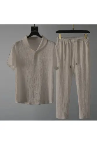 Bürümcük Krinkıl Kumaş Yazlık Likralı Unisex Kadın Erkek Kısa Kol Tişört Eşofman Takım-BEJ 