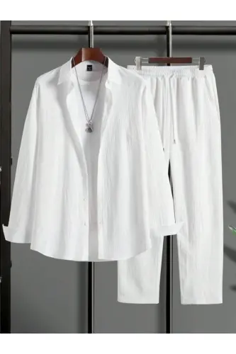 Bürümcük Krinkıl Kumaş Yazlık Likralı Unisex Kadın Erkek Uzun Kol Gömlek Eşofman Takım-UZUN - DWNWEAR (1)