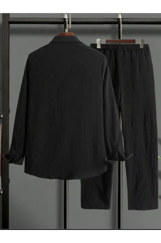 Bürümcük Krinkıl Kumaş Yazlık Likralı Unisex Kadın Erkek Uzun Kol Gömlek Eşofman Takım-UZUN - 3